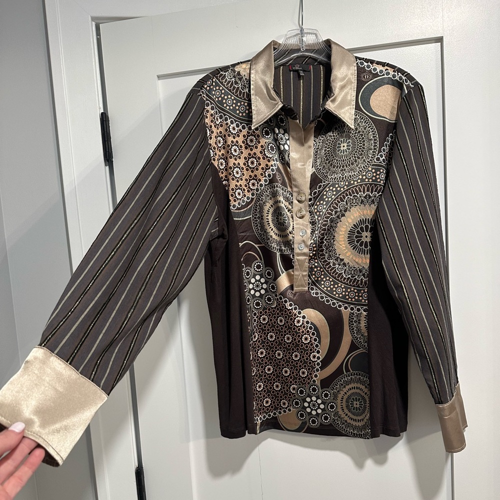 Dismero Brown/Gold/Cream 3/4 Button Down, Long Sleeve, Collared Blouse/Top XL